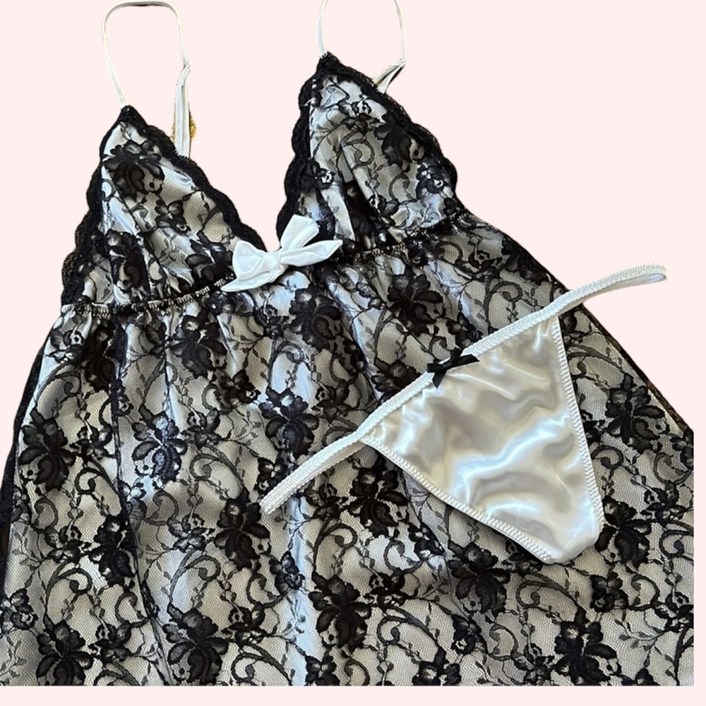 Victorias Secret Babydoll Black Lace & Satin Cami Nightie & Panty Lingerie Set - Picture 14 of 16